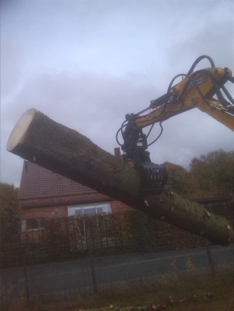 Boomstammen stapelen met sorteerknijper op minigraver